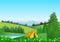 Natural landscape with blue sky, mountains in background, green hills, trees and foreground a camping tent next to a lake. Illustr