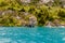 Natural landscape of the `catedrales de marmol` during the summer in the Chilean Patagonia, crossing the `carretera austral` road