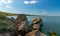 Natural landscape, shell stones in the water near the shore of the Khadzhibey estuary