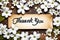 A natural looking banner with thank you and white blossoms as background.