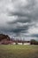 Natural marshland, bog on a gloomy day with dramatic sky before storm. Dry pampas grass and dead trees North from Berlin