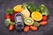 Natural nutritious fruits with vegetables and glucometer with result of sugar level, diabetes and healthy lifestyles concept