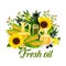 Natural oil bottle, olives, corn and sunflower
