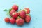 Natural organic food production. Freshly picked juicy strawberries on blue metal background. Heap of summer red berries. Homegrown