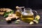 natural organic herbal tea in glass teapot on a wooden table