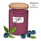 Natural organic homemade blueberry jam on a white background in sketch style.