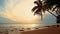 Natural palms beach sundown. The waves on the shore reflect sundown sea and sky. Evening sea shore on palms beach.