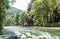 Natural panorama of the river Noguera Pallaresa with strong currents, typical of summer. Catalan Pyrenees. Catalonia, Spain