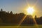 Natural panorama view sunset pathway green plants trees forest Germany