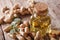 Natural peanut oil in a glass jar close up. Horizontal