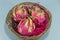 Natural pitaya fruits Cereus undatus in wooden basket