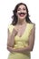 Natural Portrait of Smiling Happy Laughing Caucasian Brunette Girl in Posing with Artificial Moustache in Yellow Dress Against