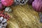 Natural potpourri, berries and pinecones on rustic wooden surface, background