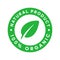 Natural product organic 100 percent green sticker with leaf in center. Design element for packaging design and