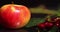 Natural red and yellow apple against the background of artificial fruits and berries on the table.