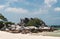 Natural rock formation on white sand beach at the coast in Belitung Island.