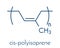 Natural rubber cis-1,4-polyisoprene, chemical structure. Used to manufacture surgeons` gloves, condoms, boots, car tires, etc..