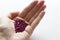 A natural ruby lies in the hand. Natural stones, ruby located in the female hand. The hand holds a ruby. Copy space for your text