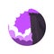 Natural scenery with high rock mountain cliff and fluffy purple-white clouds. Round-shaped emblem with nature landscape