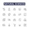 Natural sciences line vector icons and signs. Chemistry, Astronomy, Geology, Physics, Ecology, Paleontology