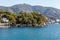 Natural sea panorama in the mediterranean sea in northern italy near the city of Rapallo. Seascape coast with ancient brick wall