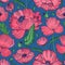 Natural seamless pattern with beautiful blooming wild poppy flowers, leaves and seed heads hand drawn on blue background