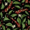 Natural seamless pattern with exotic Coffea or coffee tree branches, leaves, blooming flowers, buds and fruits or