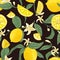 Natural seamless pattern with fresh juicy lemons, whole and cut into pieces, branches with blooming flowers and leaves