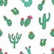 Natural seamless pattern with hand drawn green cactus on white background. Blooming Mexican desert plants. Botanical