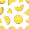 Natural seamless pattern with juicy pineapple pieces and slices on white background. Backdrop with delicious summer