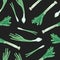 Natural seamless pattern with leek on black background. Backdrop with tasty ripe fresh organic vegetable, food