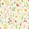 Natural seamless pattern with translucent blooming spring garden flowers on light background. Modern colorful floral