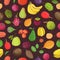 Natural seamless pattern with whole tasty fresh ripe juicy exotic tropical fruits on dark background. Hand drawn