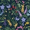 Natural seamless pattern with wild blooming flowers and flowering herbaceous plants on black background. Gorgeous floral