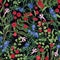 Natural seamless pattern with wild cranberry, juniper sprigs and fern on black background. Gorgeous floral backdrop with