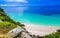 Natural seascape panorama beach view Tulum ruins Mayan site Mexico