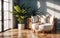 Natural Serenity Wooden Side Table with Tropical Plant Leaves in Sunlight