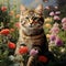 In a natural setting, a cute cat is captured in a photorealistic portrait with flowers all around by AI generated