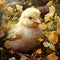 In a natural setting, a cute chick is captured in a photorealistic portrait with flowers all around by AI generated