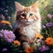 In a natural setting, flowers encircle a photorealistic portrait of a cute cat by AI generated