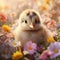 In a natural setting, flowers encircle a photorealistic portrait of a cute chick by AI generated