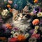 In a natural setting full of flowers, there is a photorealistic portrait showcasing a cute cat by AI generated