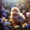 In a natural setting full of flowers, there is a photorealistic portrait showcasing a cute chick by AI generated