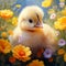 In a natural setting, surrounded by flowers, there is a photorealistic portrait of a cute chick by AI generated
