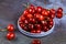 Natural shiny cherries with stem in plate