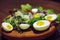 Natural snack radish salad with vegetables greens and egg on table