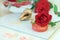 Natural soap, sea salt, buds, petals, roses, shells on the table