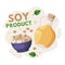 Natural Soy Products from Soybean Plant with Oil in Glass Jar and Tofu in Bowl Vector Composition