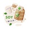 Natural Soy Products from Soybean Plant with Soy Milk in Glass and Carton Vector Composition