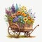 Natural Splendor: Wooden Wagon Displaying a Gorgeous Array of Spring Flowers AI Generated